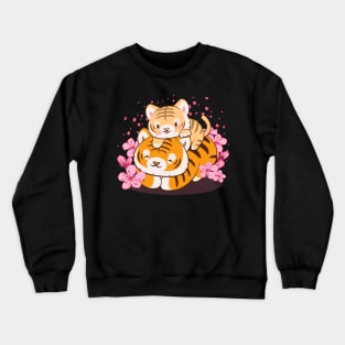 Cute Baby Tiger and Mom with Pastel Pink Sakura Flower Kawaii Aesthetic Crewneck Sweatshirt